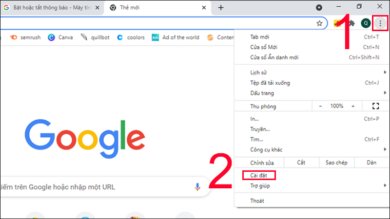 Mở Google Chrome và đi tới Cài đặt